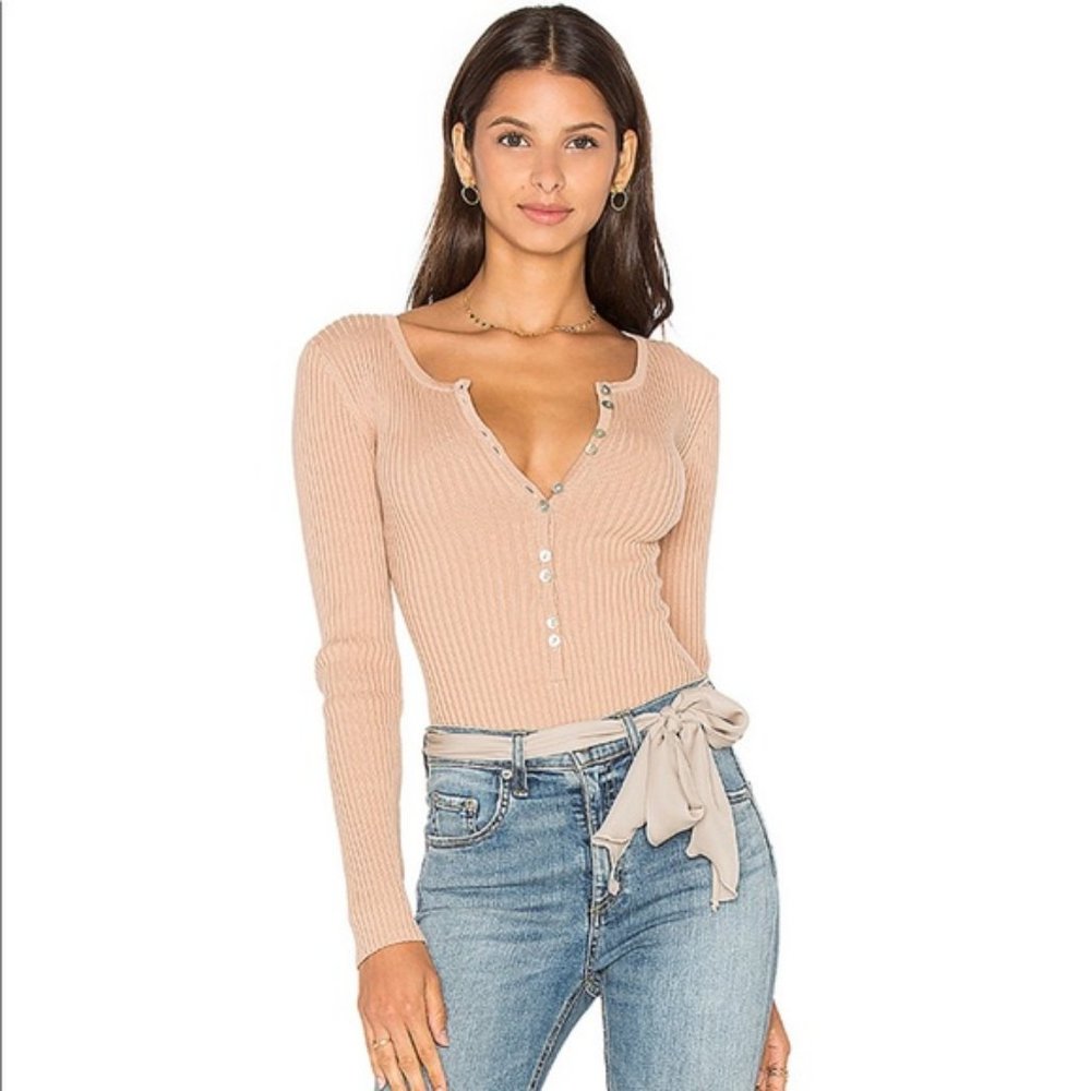 MAJORELLE BLUSH RIBBED HENLEY BODYSUIT TOP L *